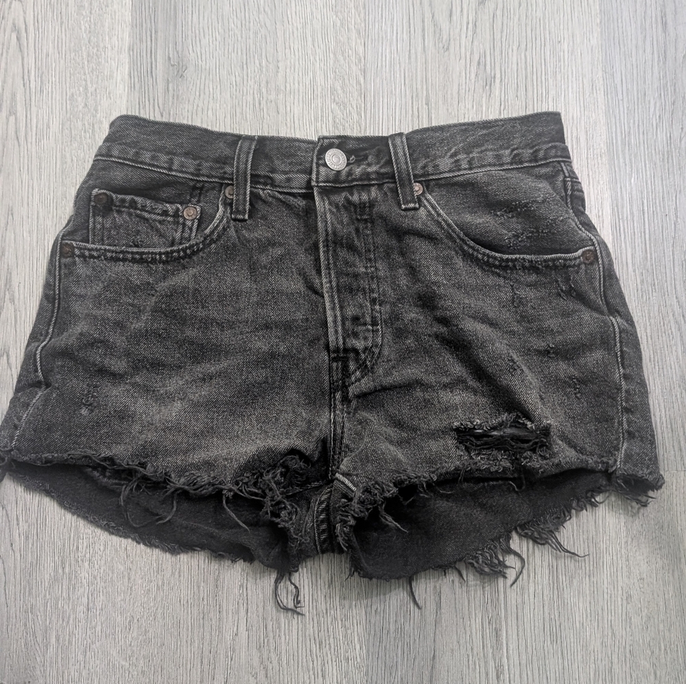 Levi’s 501 Original High Rise Black Distressed Cutoff Denim Shorts 26